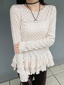 FRIFUL Women's Summer Polka Dot Print Round Neck Long Sleeve Ruffle Hem Blouse - Beige - View 3