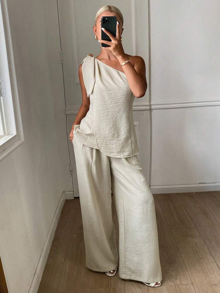 Women's Sleeveless Knotted Design Top And Wide Leg Pants 2 Pieces Set