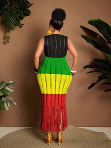 Maweii Plus Size Women Summer Sweater Dress,Boho Black Red Sommar Vacation,Sleeveless Round Neck Tassels Cutout Knitted Elegant Outwear Dress - Multicolor - View 2