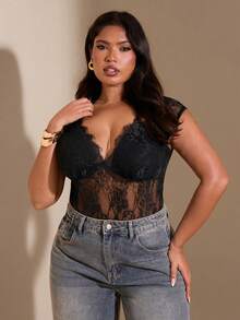 SHEIN BAE Plus Size Women Sexy Deep V Lace Bodysuit - Black - View 7