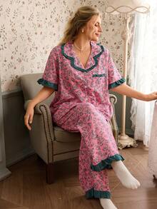 Elorette Plus Size Women's Floral Print PJS, Decorated With Ruffle Trim And Pockets, Suitable For Indoor And Outdoor Wear - Pink - View 5
