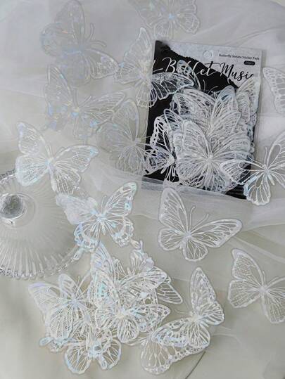 1 Set 20 Hojas Pegatinas Decorativas con Diseño de Mariposa y Concha, Acabado Brillante, Recortadas y Huecas, Autoadhesivas, Resistentes al Agua, para Scrapbooking, Diarios, Planificadores, Tarjetas, Sobres, Manualidades, Regalos Creativos para Adultos y Mujeres