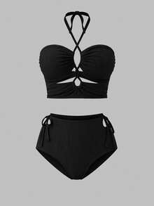 Swim Vcay Bộ bikini dây buộc bên bãi biển mùa hè Plus Size Crisscross Tie Side Halter - màu đen - Xem 8