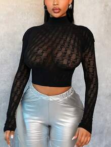BamGleam Women High Neck Long Sleeve Cropped Fitted Sexy Jacquard Blouse Fall Cloth For Women - Black - View 6