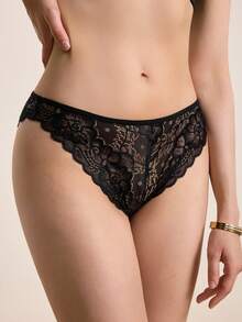 Hourtrue 3 chiếc/gói quần lót ren lãng mạn tối giản cho nữ - màu đen - Xem 1