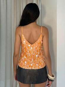 Glamine 亮橙色渐变亮片装饰吊带衫 - 橘色 - 查看 2