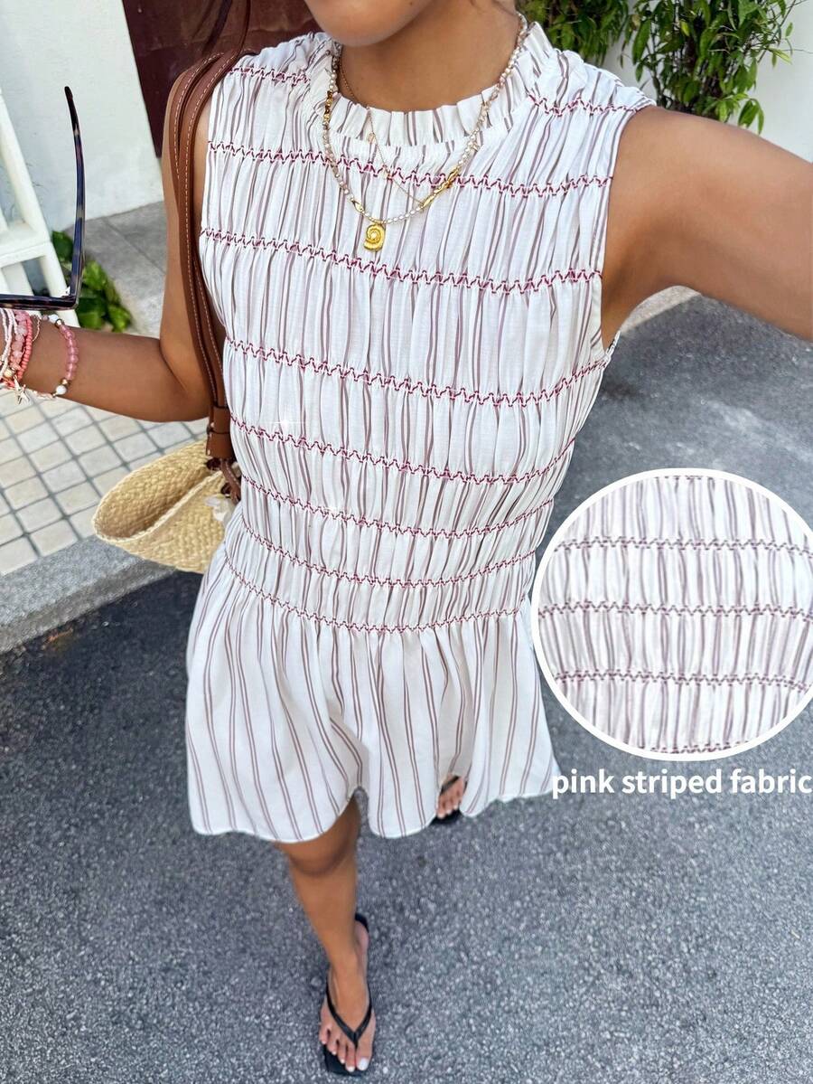 Serisse Women's Pleated Collar Sleeveless Smocked Mini Dress,Pink And White Striped Boho Summer A-Line Dress For Holiday,Vacation,Beach,Party,Wedding,Spring - Multicolor - View 1