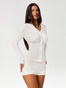 SHEIN ICON Women's Casual Solid Color Cardigan And Shorts 2 Pieces Set - White - View 3