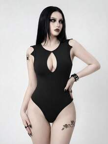 ROMWE Goth 女士纯色镂空设计暗黑哥特风连体泳衣 - 黑色 - 查看 1