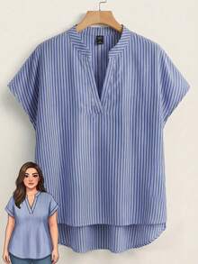 Rusticease Blus Tunik Longgar Kasual Lengan Pendek Leher V Bergaris untuk Wanita Ukuran Plus - Blue and White - View 1