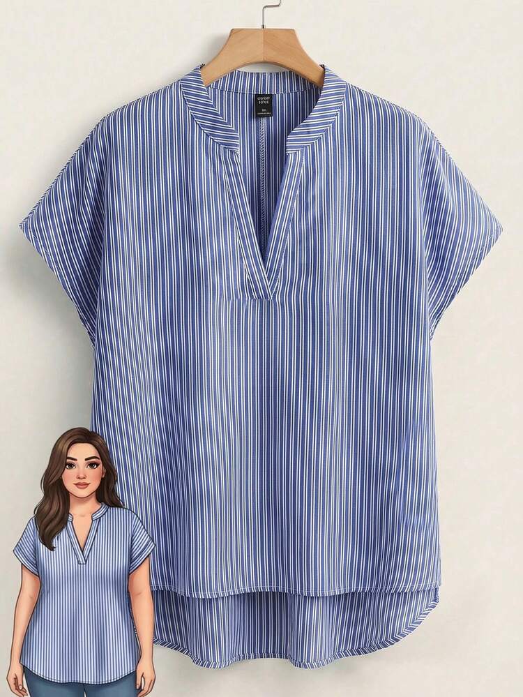 Plus Size Women Striped V-Neck Batwing Short Sleeve Casual Loose Fit Tunic Blouse