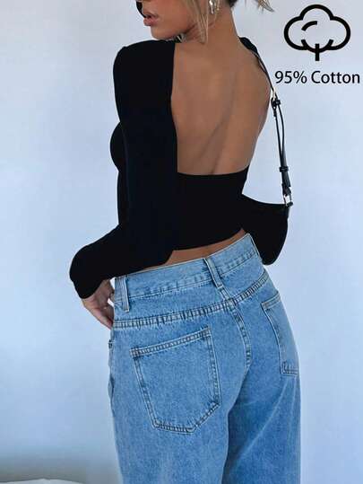 Zyxie Women's Casual Elegant Open Back Cotton Fitted Long Sleeve T-Shirt