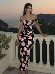 SHEIN MOD Đầm ôm sát trễ vai in hoa màu hồng dành cho nữ - màu đen - Xem 4