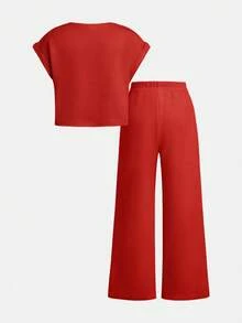 Tween Girls' Basic Casual Solid Color Knit Sleeveless Top And Pants Set, Spring/Summer - Red - View 2