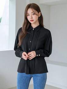 DAZY Women's Casual Business Solid Color Long Sleeve Shirt,Fall Clothes,Back To School Clothes - Black - View 3