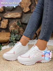 SHEIN Giày thể thao nữ đa năng, cổ thấp, đế dày, chất liệu lưới, có dây buộc, thích hợp cho chạy bộ và du lịch, hoàn hảo cho mùa xuân và mùa thu. - Hồng - Xem 2