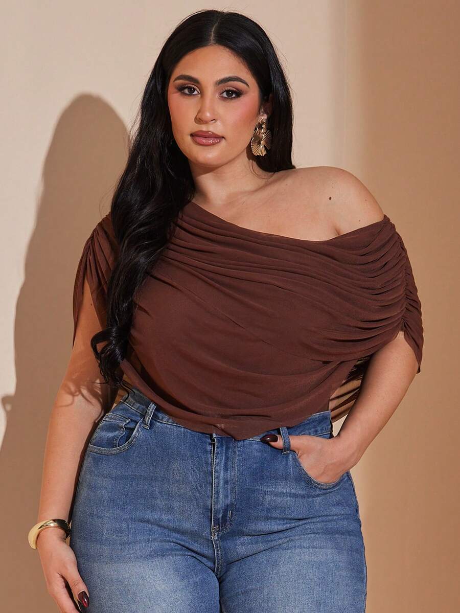 SHEIN BAE 大码女式棕色不对称肩部不对称下摆褶皱衬衫，春夏款 - 棕色 - 查看 1