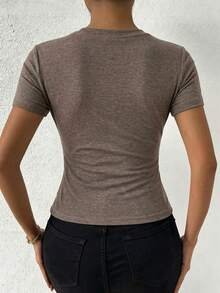 EMERY ROSE Women's Elegant Fitted Casual Office Minimalist Premium T-Shirt - Coffee Brown - View 2