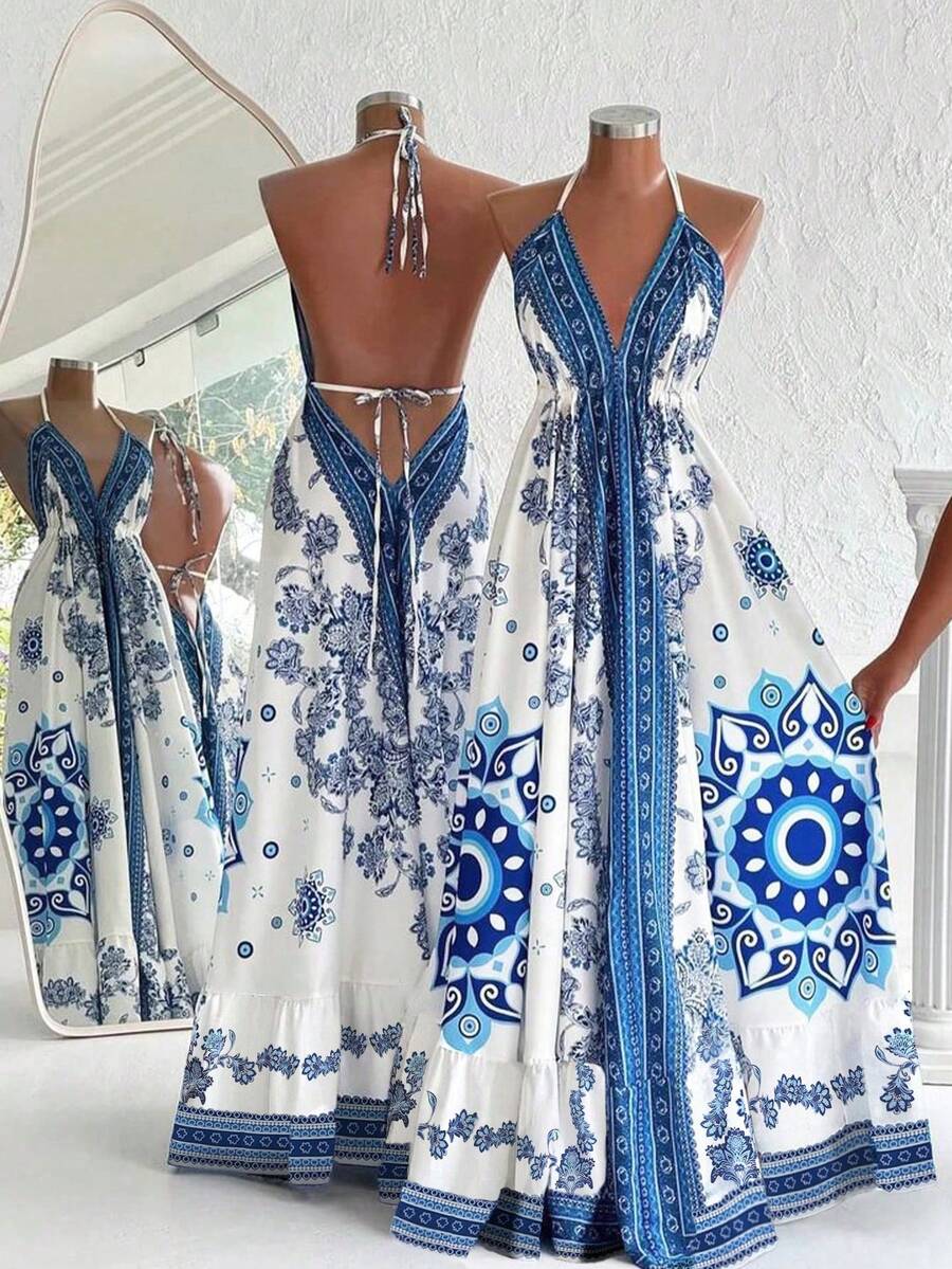 SHEIN Holidaya 女士热带岛屿度假风蓝白图腾印花吊带露背摆裙,春夏女士连衣裙,夏季女士度假连衣裙,波西米亚风夏季连衣裙,女士长袍七分裤,蓝白连衣裙,女士太阳裙,波西米亚风女装,波西米亚风连衣裙,女士无袖A字露背吊带长裙,随机印花荷叶边下摆 - 藍色 - 查看 1