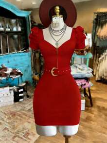 Franclia Vestido mini elegante y sexy con media cremallera, cinturón y mangas gigot para mujeres - Rojo - Ver 1