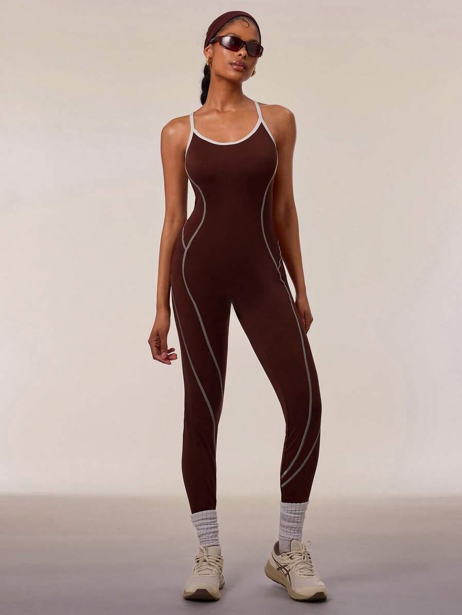 Normani Women's Brown Halter Jumpsuit, Color-Blocked Outerwear, Peach-Shaped Hip-Hugging One-Piece Yoga Sports Bodysuit,Gym Outfit - Mocha Brown - View 1