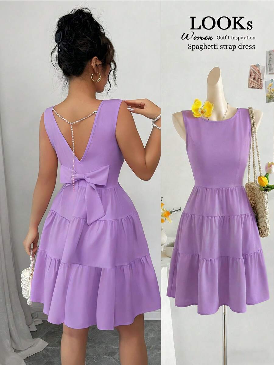 Elenzga Women's Solid Color Round Neck Sleeveless Backless Bowknot Elegant Dress - Purple - View 1