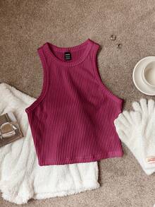 Comfortcana 女士纯色罗纹磨毛吊带背心，适合日常穿着 - 中紫紅色 - 查看 4