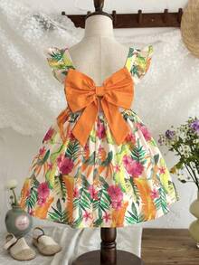 LMoss Kids Gaun Kasual Anak Perempuan Bahan Chiffon Motif Bunga Kecil Kerah Persegi dengan Hem Bergelombang - MultiWarna - View 4