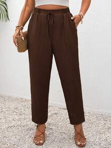SHEIN Frenchy Plus Size Vacation Solid Color Knotted Casual Pants With Pockets - Coffee Brown - View 1