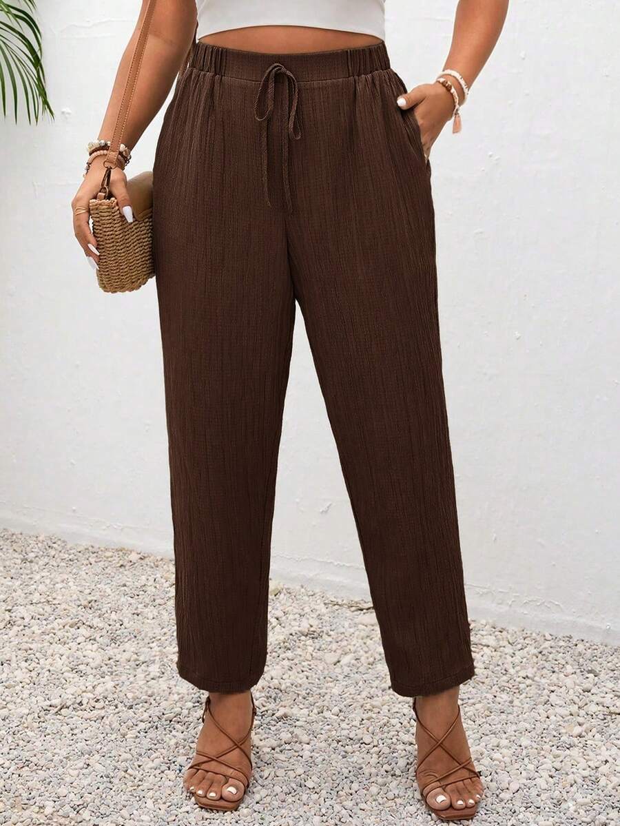 SHEIN Frenchy Plus Size Vacation Solid Color Knotted Casual Pants With Pockets - Coffee Brown - View 1