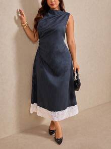Elaquor Plus Size Women's Navy Blue Ruffle Lace Hem Elegant Dress, Summer Tea Party Formal Sleeveless Midi Dress, Business Casual Draped Neckline Lace Trim - Navy Blue - View 5