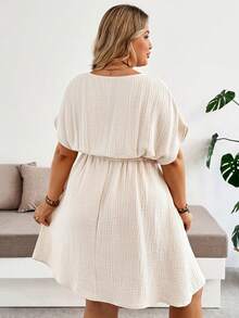 Plussiva Plus Size Pregnant Women's Solid Color Round Neck Batwing Sleeve Casual Soft Form Sexy Dress Maternity Photoshoot Summer Babyshower Pink - Apricot - View 2