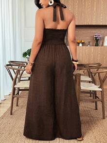 Weeklong Plus Size Women's Elegant Lightweight Vacation Strapless Ruffle Hem Top Paired With Elastic Waist Wide Leg Pants, Spring/Summer - Brown - View 2
