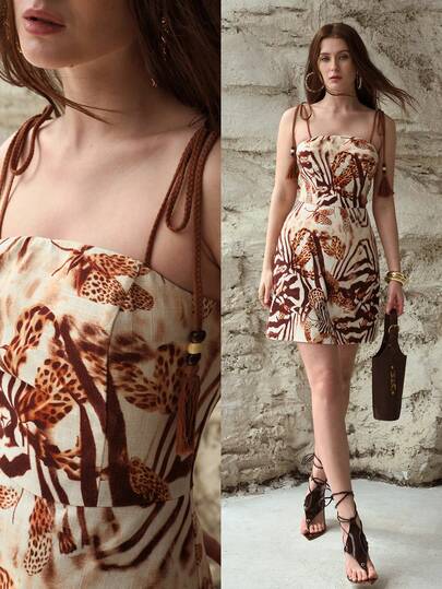 MOTF PREMIUM VESTIDO MINI DE LINO CON CINTURA ANUDADA Y FLECOS PARA MUJER, PRIMAVERA/VERANO