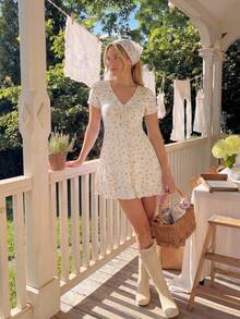 CovetEZ Đầm ngắn tay in hoa, thắt nơ phía trước, kiểu dáng đi nghỉ mát dành cho nữ. - Màu vàng - Xem 5