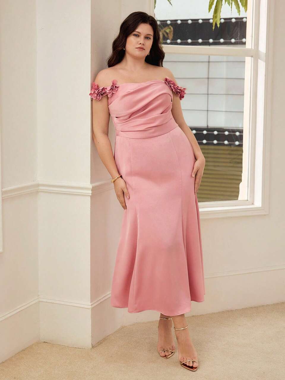 PLUS SIZE OFF THE SHOULDER SATIN DRESS WITH REALISTIC 3D FLORAL DECOR, ELEGANT AND SOPHISTICATED MERMAID SILHOUETTE