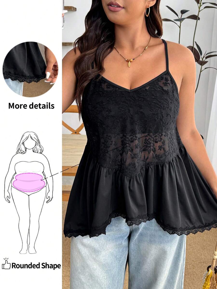 Enliva Canotta casual versatile da donna taglie forti con volant in pizzo, adatta per forme a mela e rotonde, top estivi - nero - Visualizzare 1