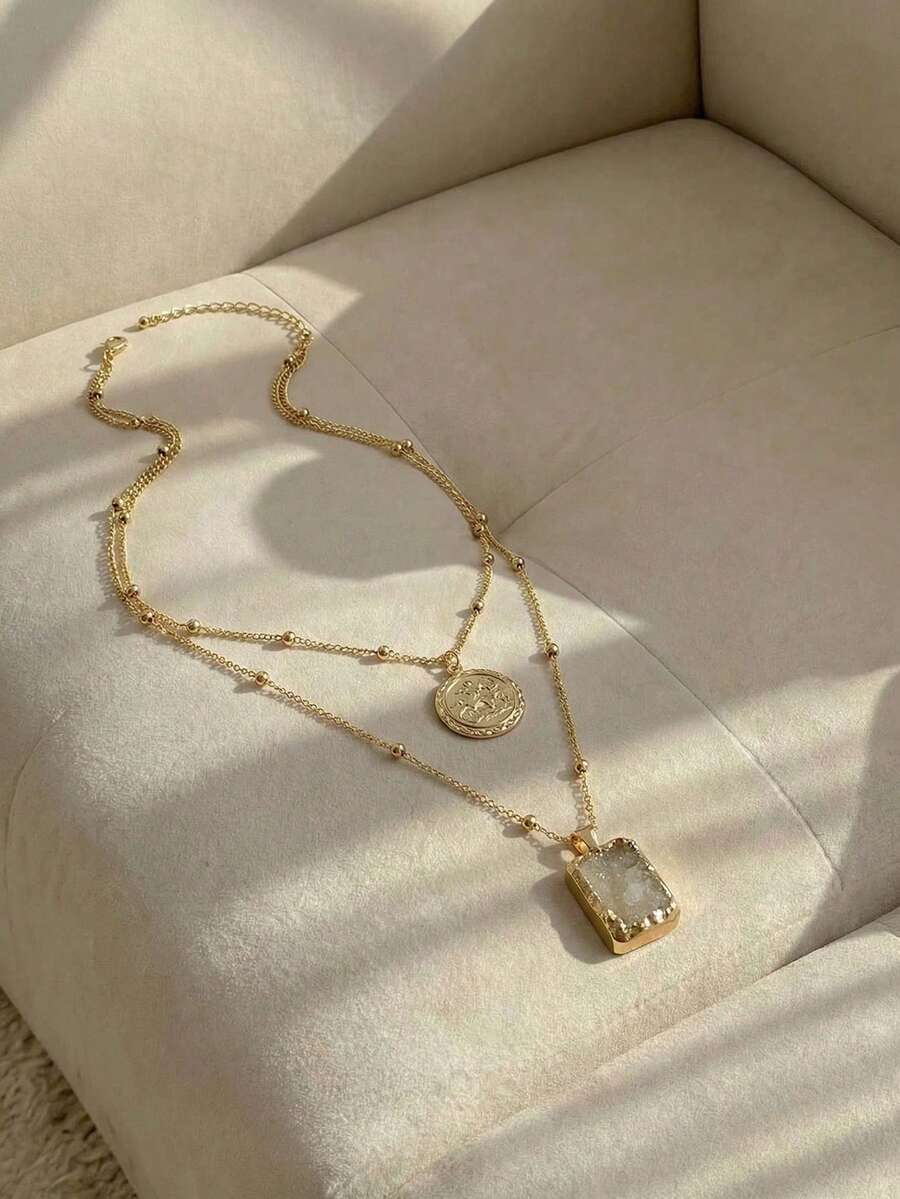 Resyla 1pc Double Layer Pendant Necklace - Yellow Gold - View 1
