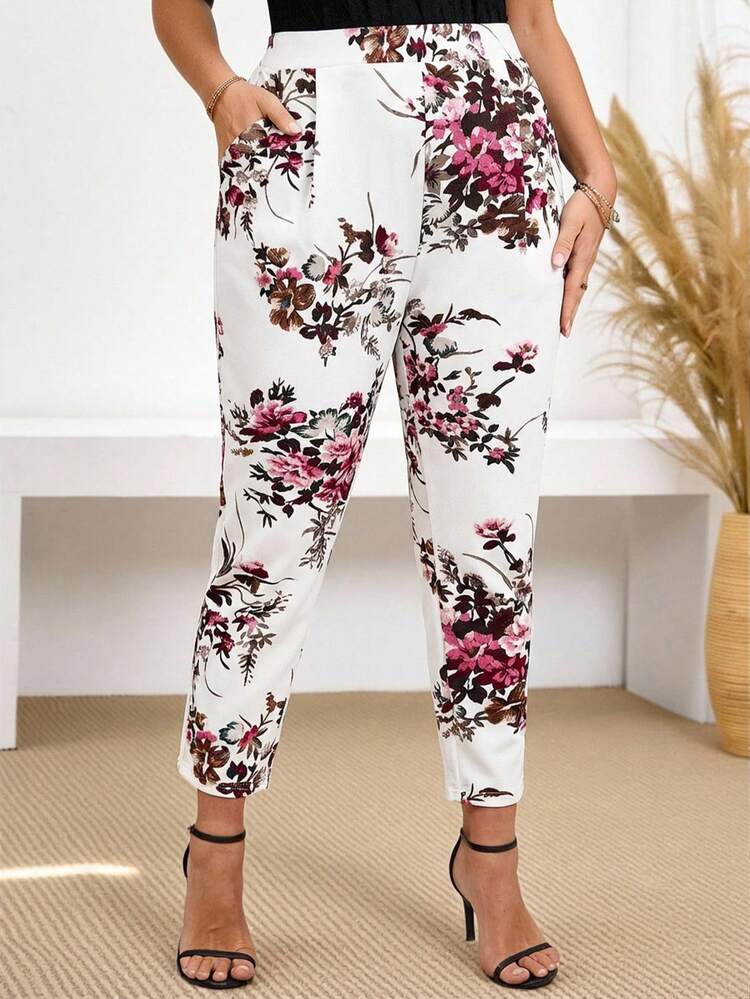 Plus Size Women Floral Print Elastic Waist Side Pocket Ankle Pants, Vacation Style, Simple And Fashion Style, Suitable For Summer,Casual Holiday Style, Casual Holiday Outfits, Summer Fashion, Women's Summer Outfits, Mother's Day Outfits, Country Concert Outfits, Women's Boho Outfits, Women's Western Outfits, Women's Holiday Outfits, Women Summer Clothing Women Plus Clothing Business Casual Woman S Summer Clothes Women Plus Clothing Formal