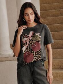 Anewsta Women's Casual Leopard & Fruit Print Round Neck Short Sleeve T-Shirt, Spring/Summer - Grey - View 5