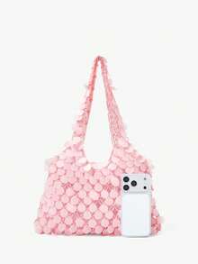 MUSERA 女士单肩包，钩针编织包，镂空设计，粉色，哑光圆形亮片，时尚优雅，简约百搭，可个性化定制，适合海滩、度假、夏季、海边、沙滩派对等场合 - 粉色 - 查看 4