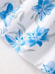 Bộ đồ 2 món dễ thương cho bé gái tuổi teen: Áo tay cánh hoa xếp nếp và váy in hoa. - Màu xanh lam - Xem 6