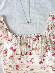 少女碎花荷叶边泡泡袖迷你连衣裙，适合春夏、情人节和假期穿着 - 粉色 - 查看 3