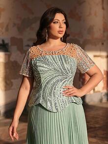 Aureia Plus Size Elegant Luxurious Light Green Chiffon Pleated Flared Sexy Mesh Sequins Rhinestones Decorated Dress, Suitable For Wedding, Party, Prom, Banquet (Intricate Design) - Mint Green - View 5