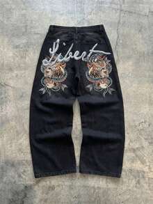 STEELVANCE Jeans casuales de pierna recta holgados con estampado de bigotes de gato y letras de animales en estilo vintage desgastado, versátil para uso urbano - Negro - Ver 7