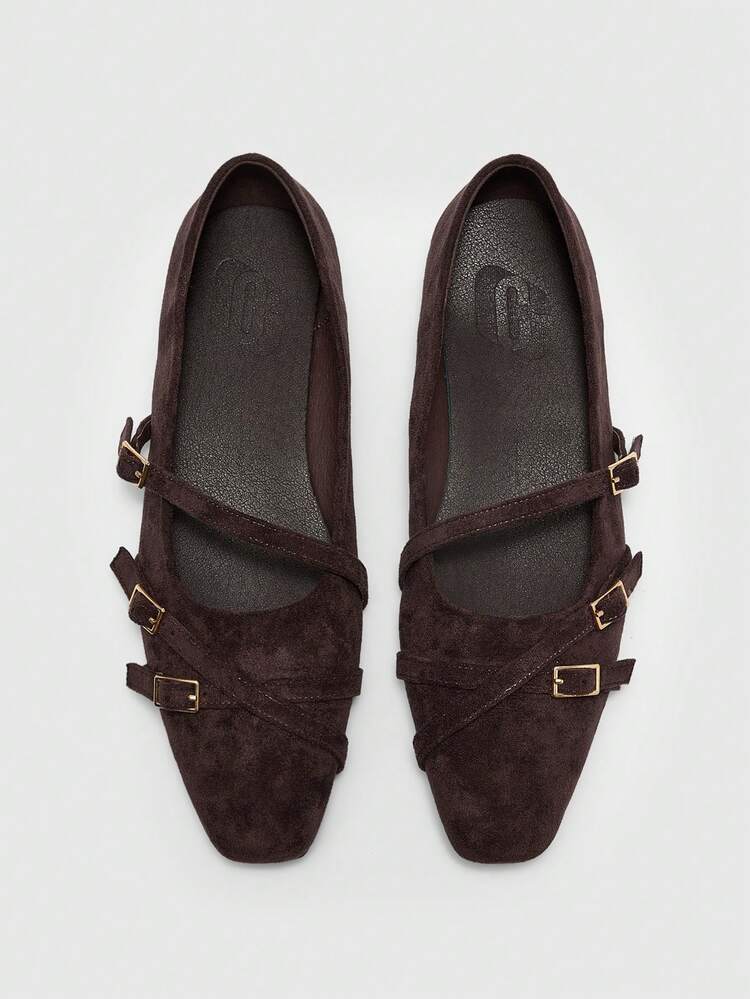 CUCCOO BIZCHIC Women Shoes Women's Square Toe Flat Bottom Brown Suede Multiple Strips With Low Vamp, Slip-On Stylish And Comfortable Mary Jane Shoes Daily Versatile Commuter Women's Flat Bottom Shoes Women's Shoes