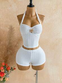 Soleia 女士纯色露背金属装饰上衣和短裤时尚度假套装 - 白色 - 查看 6