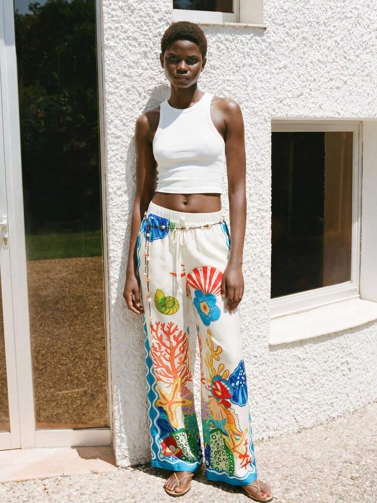 SHEIN Maija MAIJA Vacation Ocean Print Elastic Waist Flowy Wide Leg Pants