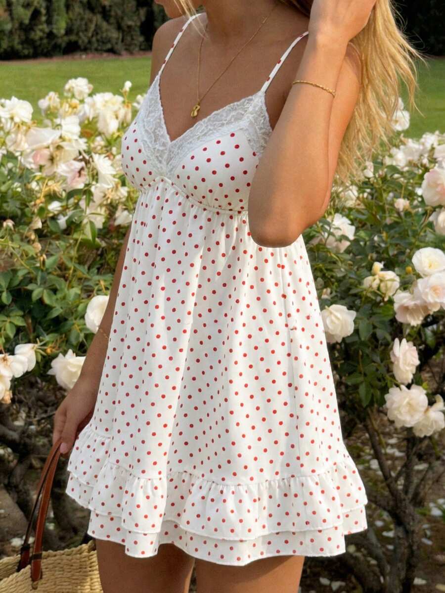 CovetEZ White Polka Dot Pattern Spaghetti Strap Mini Dress For Women - White - View 1