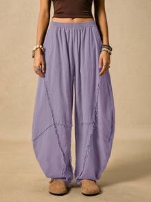 Easelle Celana Wanita Kasual Serbaguna dengan Pinggang Elastis untuk Pemakaian Sehari-hari - Mauve Purple - View 3